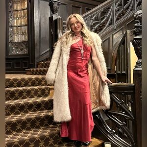 Red Satin Maxi Slip Dress with Cowl Neck